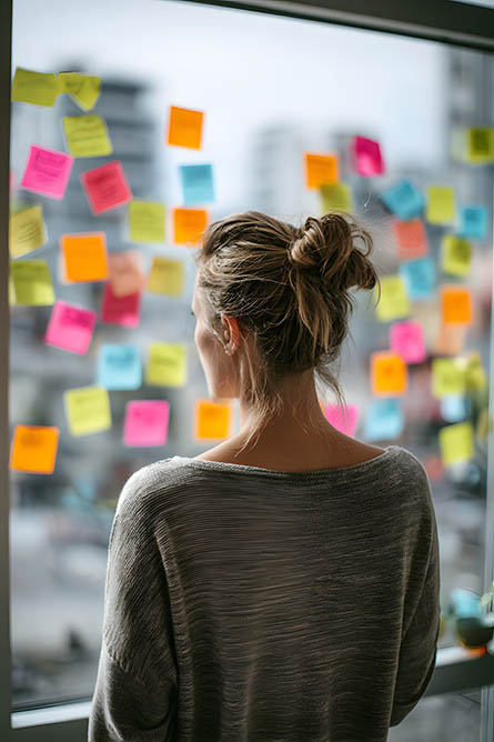 Lifestyle adult using sticky notes reminder system