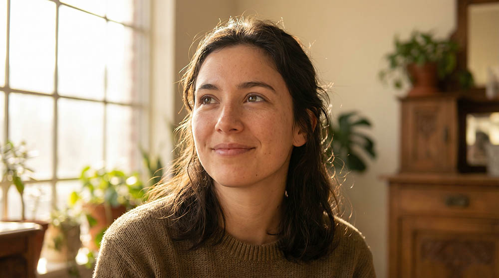 Hopeful young woman looking toward light expressing emotional re