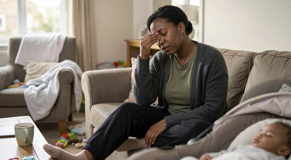 Stressed Black female parent rubbing forehead with expression of deep mental fatigue. Exhausted mother sitting on sofa with sleeping baby. Postpartum emotional burnout theme